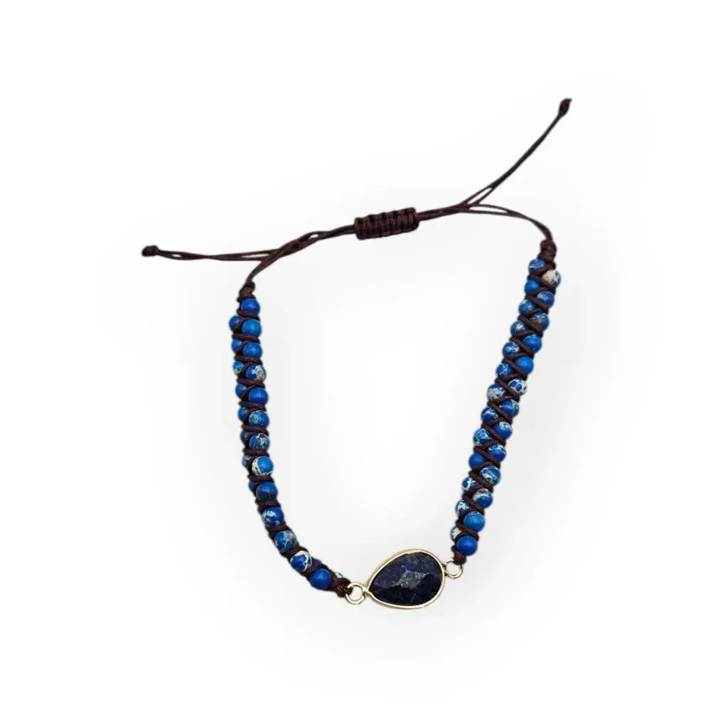 Boho Lapis Blue Beaded Macrame Bracelet – Adjustable Pull Tie Gold Tone Accent